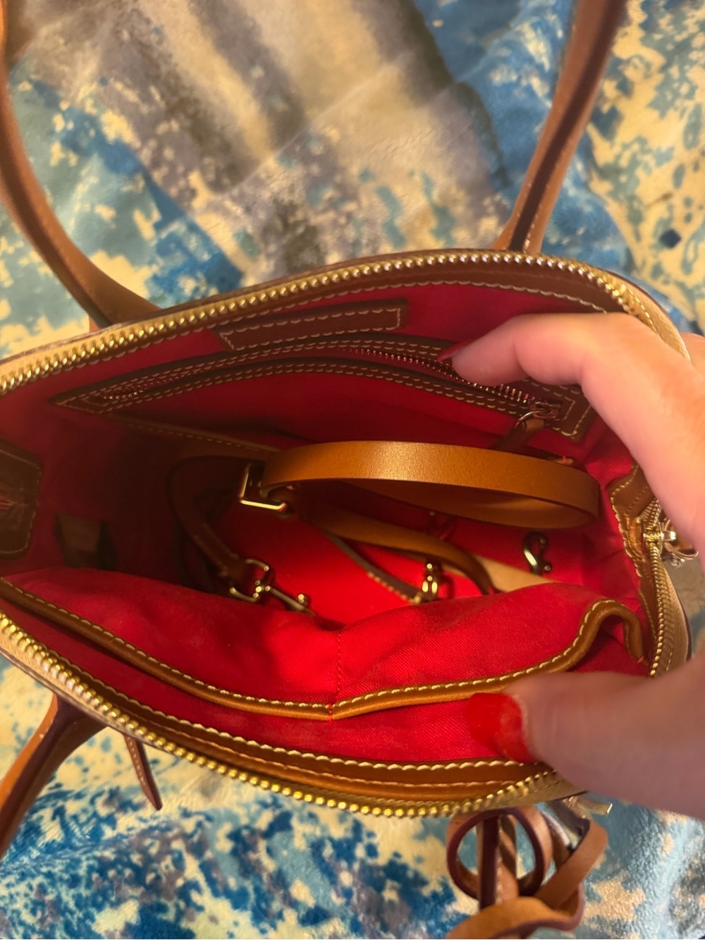 Dooney & Bourke Tan Crossbody with Red Interior and Gold Hardware